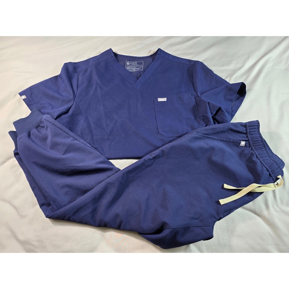 FIGS Scrub Set Mens Medium Navy Blue Leon V-Neck Top & Tansen Jogger Pants